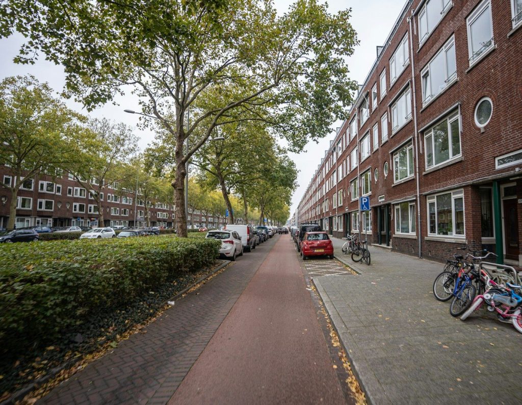 a row of bicycles parked on the side of a street